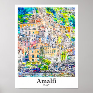 Amalfi Italië Reizen Waterverf Hand getekend Poster