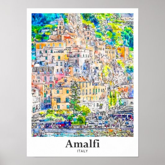Amalfi Italië Reizen Waterverf Hand getekend Poster (Voorkant)