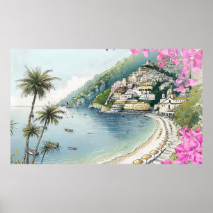 Amalfi-kust Aquarel Kunstprint Poster
