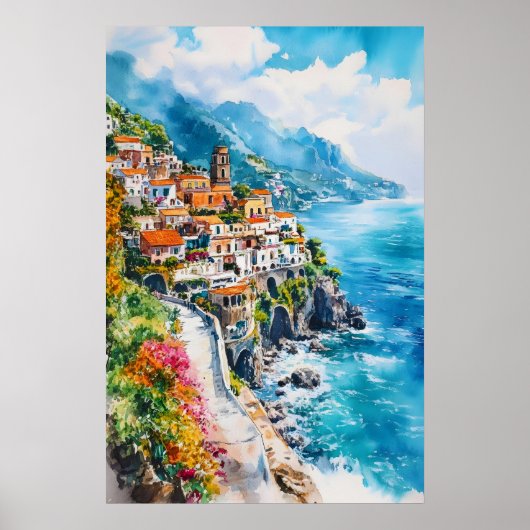 Amalfi-kust Aquarel Vintage Reisposter Ski Poster (Voorkant)