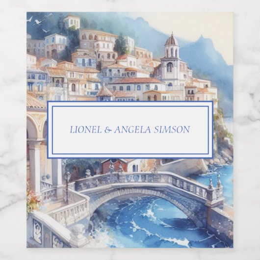 Amalfi-kust Blauwe Tegels Italië Gepersonaliseerde Wijn Etiket (Enkel label)
