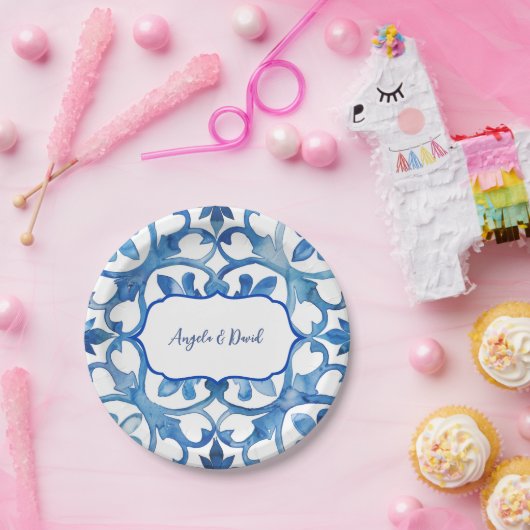 Amalfi-kust Blauwe Witte Tegels Italië  Papieren Bordje (Feest)