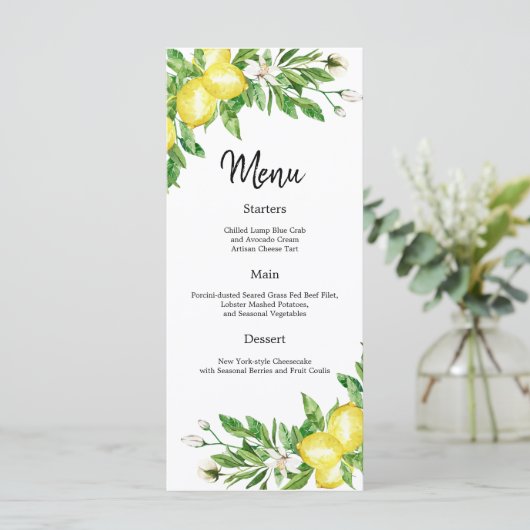 Amalfi kust citroen bloemen bruiloft Receptie menu (Staand voorkant)