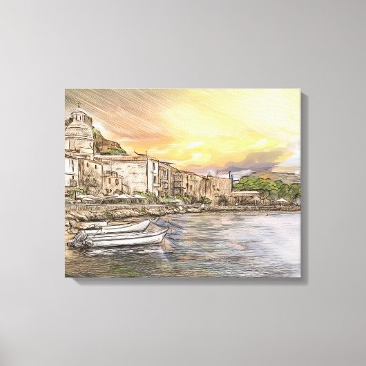 Amalfi-kust dorpsschets met boten bij zonsondergan canvas afdruk (Voorkant)