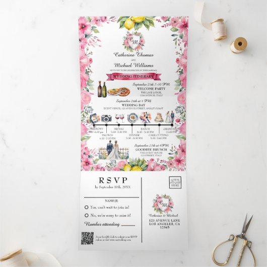 Amalfi Kust Italië Aquarel Bestemming Trouwen Drieluik Uitnodiging (Binnen)