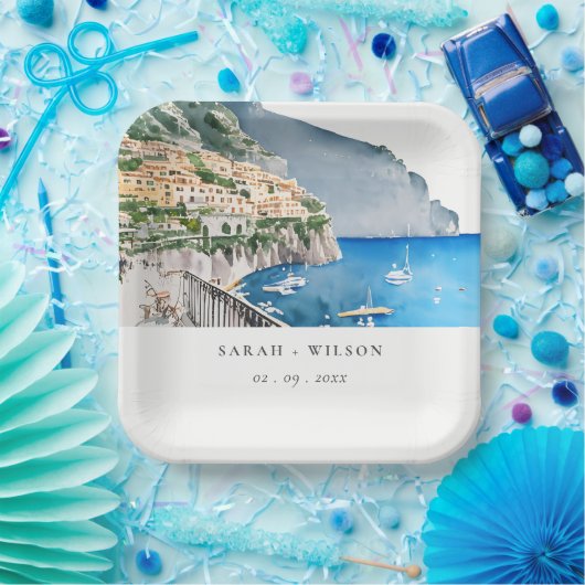 Amalfi-kust Italië Aquarel Landschap Bruiloft Papieren Bordje (Feest)