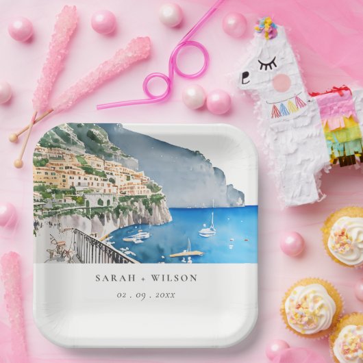Amalfi-kust Italië Aquarel Landschap Bruiloft Papieren Bordje (Feest)