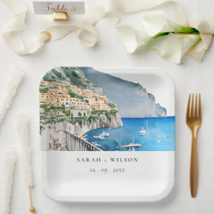 Amalfi-kust Italië Aquarel Landschap Bruiloft Papieren Bordje