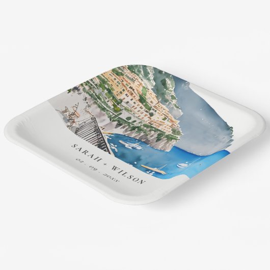 Amalfi-kust Italië Aquarel Landschap Bruiloft Papieren Bordje (Gebogen)