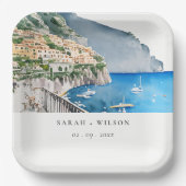 Amalfi-kust Italië Aquarel Landschap Bruiloft Papieren Bordje (Voorkant)