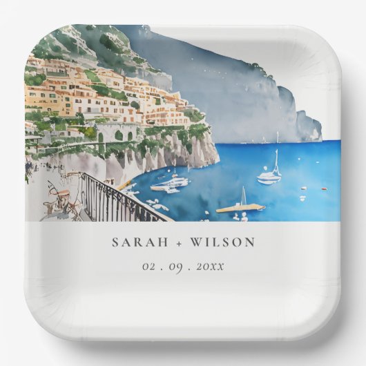Amalfi-kust Italië Aquarel Landschap Bruiloft Papieren Bordje (Voorkant)