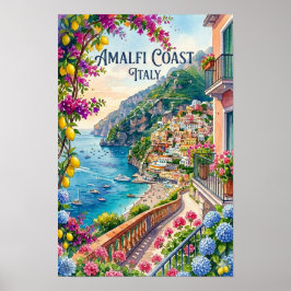 Amalfi-kust Italië Aquarel Reis Tropisch Poster