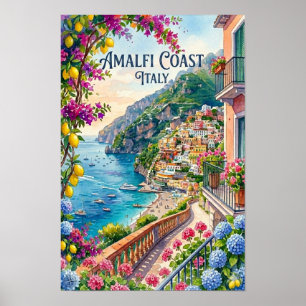 Amalfi-kust Italië Aquarel Reis Tropisch Poster