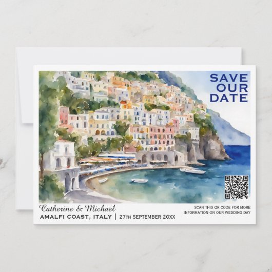 Amalfi kust Italië Bestemming Huwelijk QR Code Save The Date (Voorkant)