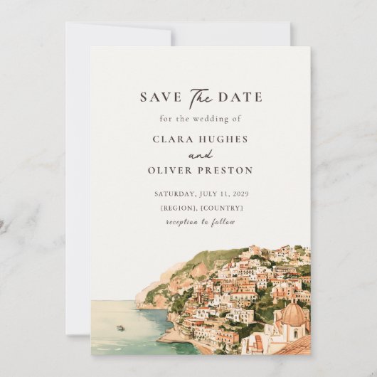 Amalfi-kust Positano Heuvelhuis Bruiloft Save The Date (Voorkant)