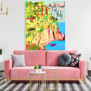 Amalfi-kust van Italië klif zijde pastel huizen ze Canvas Afdruk