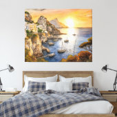 Amalfi-kust zonsondergang illustreert kustdorp canvas afdruk (Insitu (Slaapkamer))