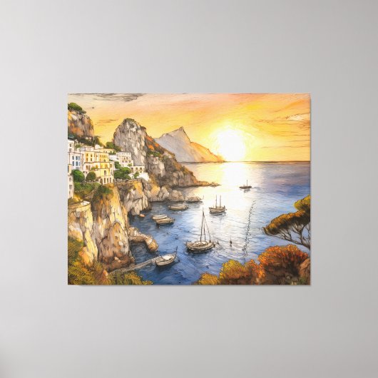 Amalfi-kust zonsondergang illustreert kustdorp canvas afdruk (Voorkant)
