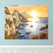Amalfi-kust zonsondergang illustreert kustdorp canvas afdruk (Insitu (Houten vloer))