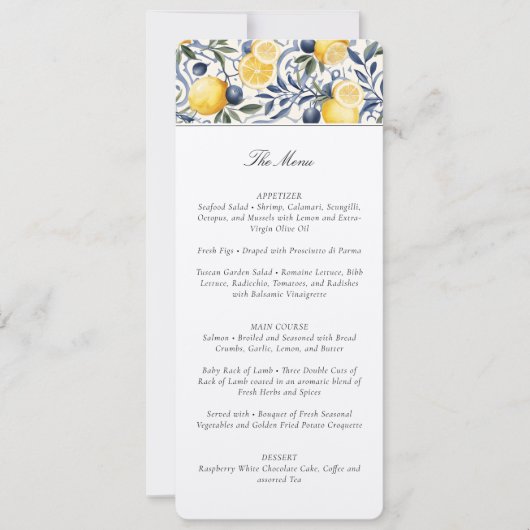 Amalfi Lemon & Azulejo Bruiloft Menu Kaart (Voorkant)