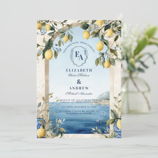 Amalfi Lemon Italiaanse kust bruiloft Kaart (Staand voorkant)