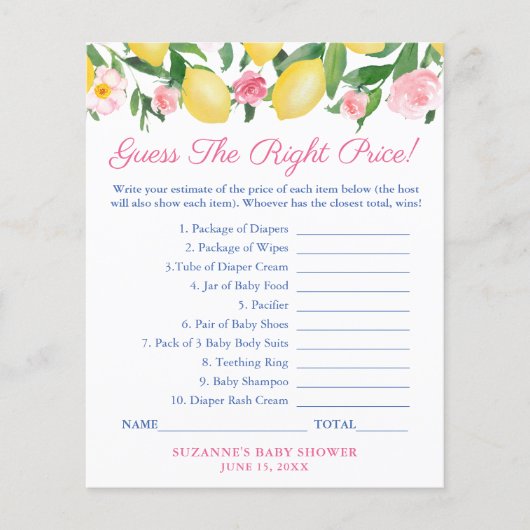 Amalfi Lemon raadt de Kaart Prijs Baby shower (Voorkant)