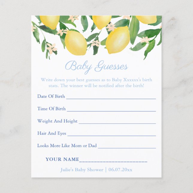 Amalfi Lemons Baby Predictions Shower Game Kaart (Voorkant)