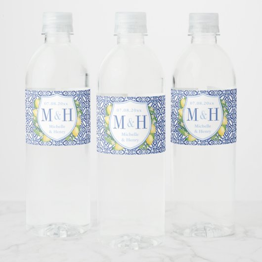 Amalfi Lemons Blue en White Tegels Weddenschap Waterfles Etiket (Flessen)