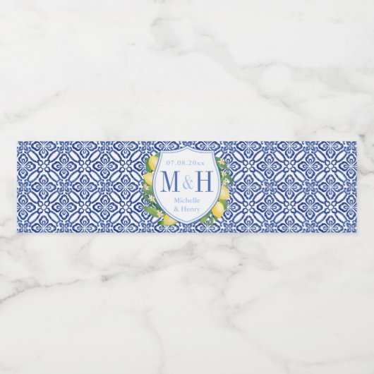 Amalfi Lemons Blue en White Tegels Weddenschap Waterfles Etiket (Enkel label)