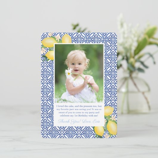 Amalfi Lemons Blue Tegels Birthday Party Afbeeldin Bedankkaart (Staand voorkant)