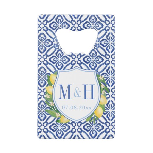 Amalfi Lemons Blue Tegels Weddenschap Monogram Fav Creditkaart Flessenopener (Voorkant)