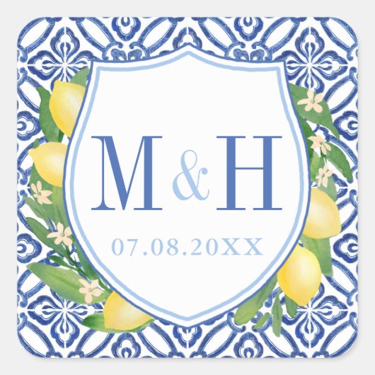 Amalfi Lemons Blue Tiles Wedding Logo Monogram Vierkante Sticker (Voorkant)