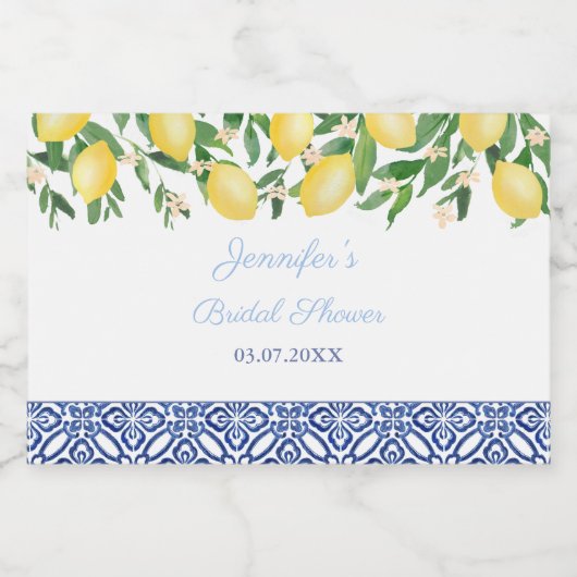 Amalfi Lemons Blue Tiles Wedding Shower Likeurfles Etiket (Enkel label)