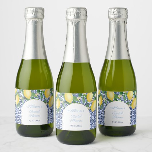 Amalfi Lemons Blue Tiles Wedding Shower Sparkling Wijnetiket (Flessen)