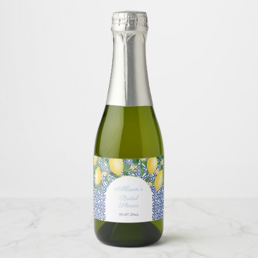 Amalfi Lemons Blue Tiles Wedding Shower Sparkling Wijnetiket (Voorkant)