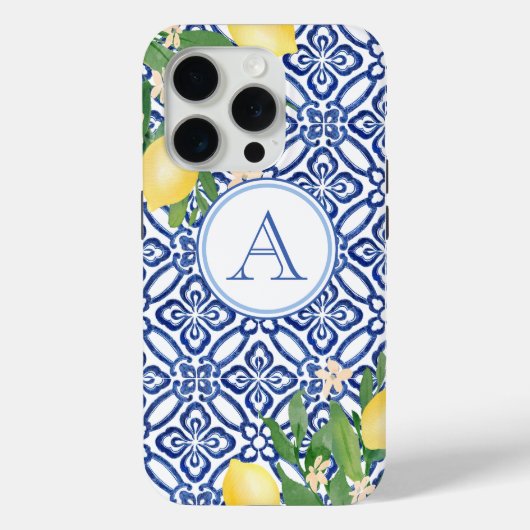 Amalfi Lemons Monogram Blue White Italiaanse tegel Case-Mate iPhone Case (Achterkant)