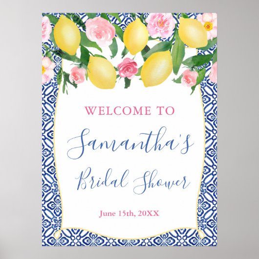 Amalfi Lemons Pink Floral Blue Tegel Vrijgezellenf Poster (Voorkant)