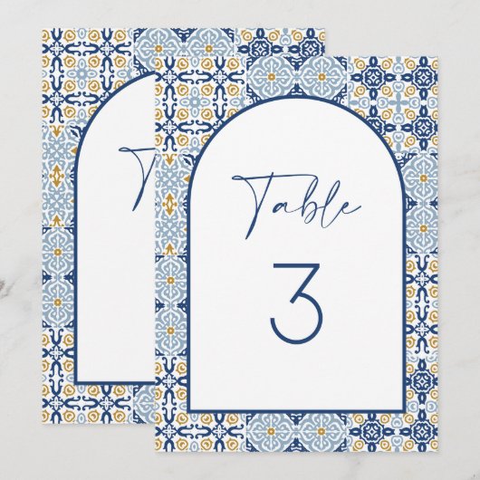 Amalfi Mediterranean Blue Tile Table Number Kaart (Voorkant / Achterkant)