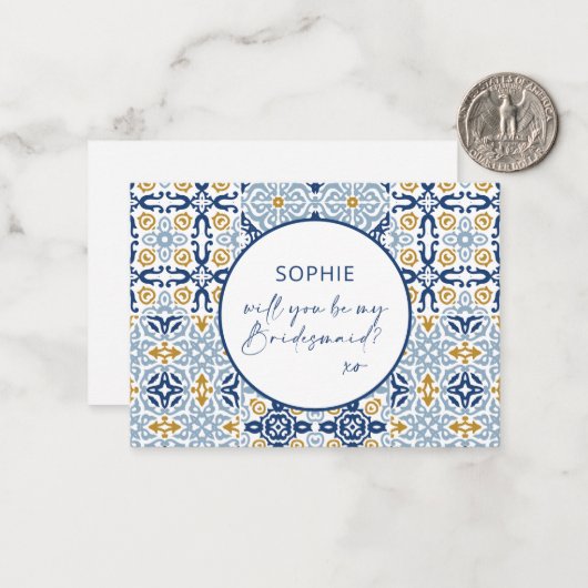 Amalfi-tegel blauw geel Wil je mijn bruidsmeisje z Notitiekaartje (Voorkant / Achterkant in situ)