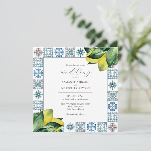 Amalfi Tegel & Waterverf Citroen bruiloft uitnodig Kaart (Staand voorkant)