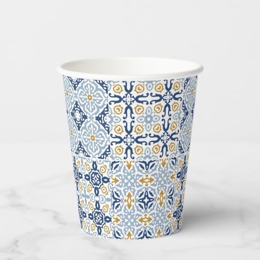 Amalfi Tile Blue Yellow Vrijgezellenfeest Papieren Bekers (Achterkant)