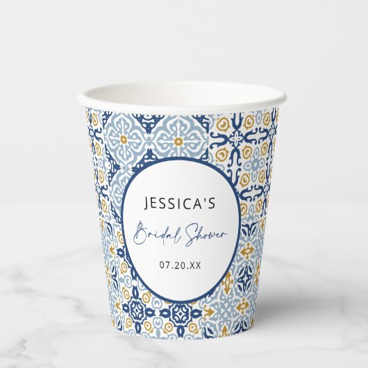 Amalfi Tile Blue Yellow Vrijgezellenfeest Papieren Bekers (Voorkant)