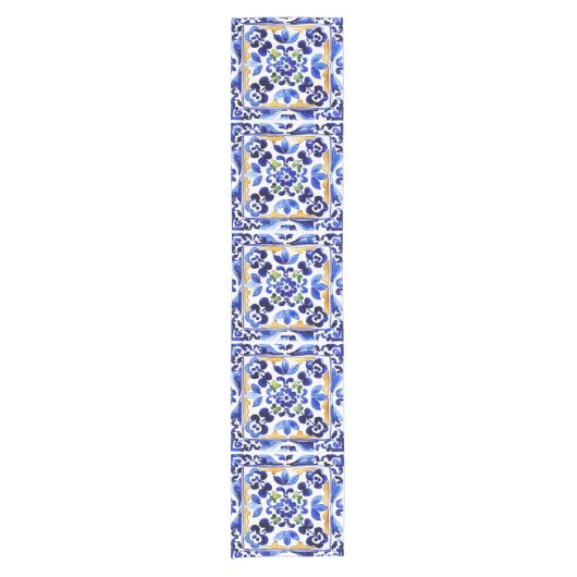 Amalfi Vietri Italiaans blauw tegels Mediterraan Korte Tafelloper (Voorkant)