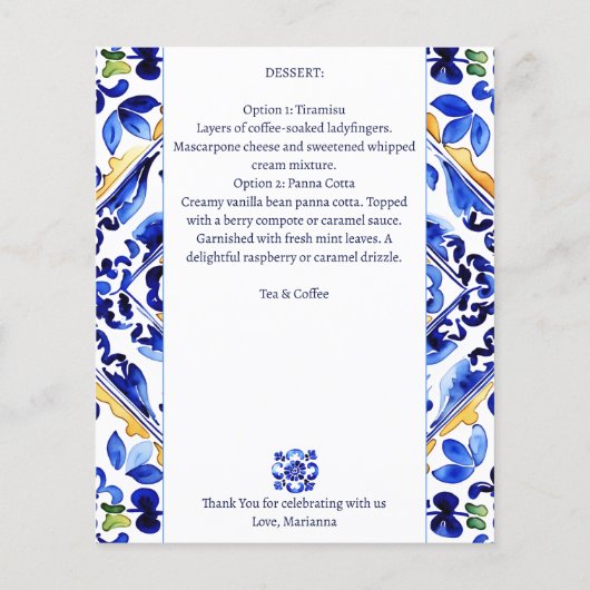 Amalfi Vietri Italiaans blauw tegels menukaart (Achterkant)