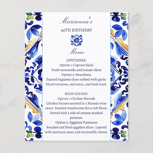 Amalfi Vietri Italiaans blauw tegels menukaart (Voorkant)