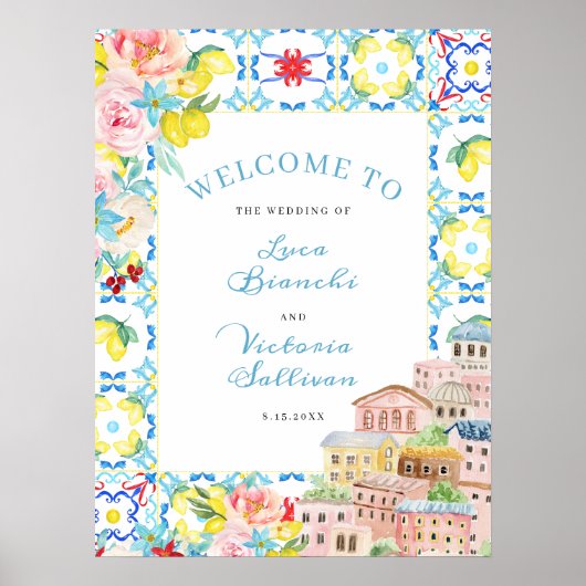 Amalfii Coast Blue Tegels Italiaans Huwelijk Welko Poster (Voorkant)