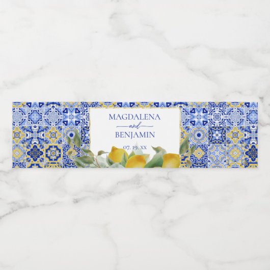 Amalfikust Italiaans Blauw Tegels Citroenen Trouwe Waterfles Etiket (Enkel label)