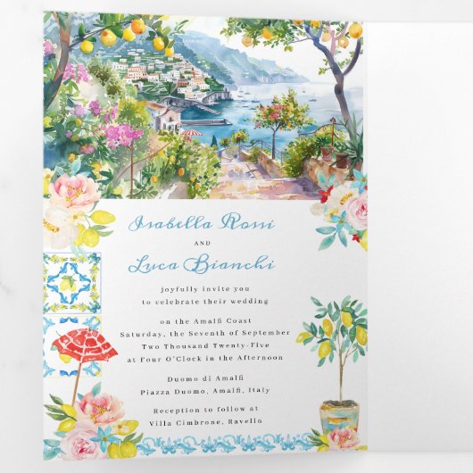 Amalfikust Italiaans Mediterraan huwelijk Drieluik Uitnodiging (Binnenzijde eerst)