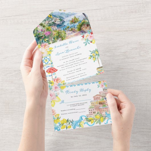 Amalfikust Mediterraan Italiaans Huwelijk All In One Uitnodiging (Afscheurbaar)