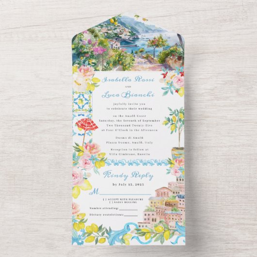 Amalfikust Mediterraan Italiaans Huwelijk All In One Uitnodiging (Binnen)